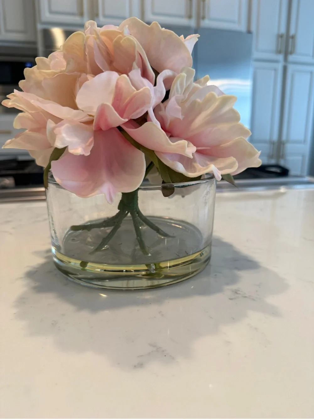 Faux Blush Pink Peony Floral Arrangement in Glass Vase Faux Water Cottage Decor